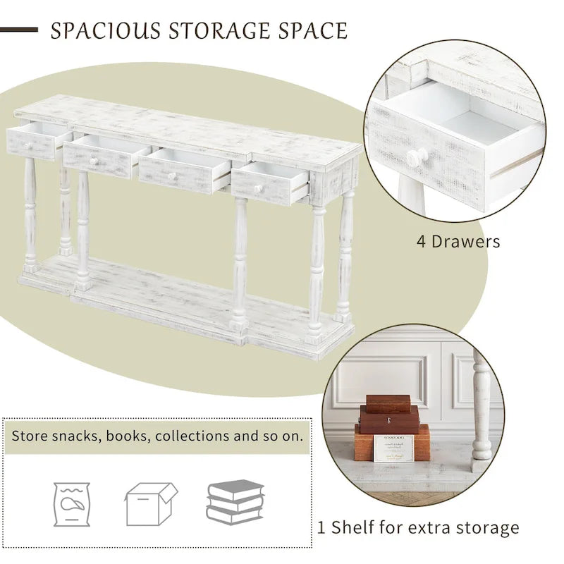 Retro Console Table with 4 Front Facing Storage Drawers and 1 Shelf