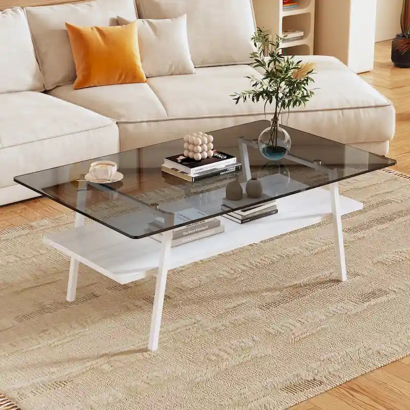 Rechteckiger Couchtisch, Tischplatte aus gehärtetem Glas mit Metallbeinen, moderner Tisch für das Wohnzimmer, Glas