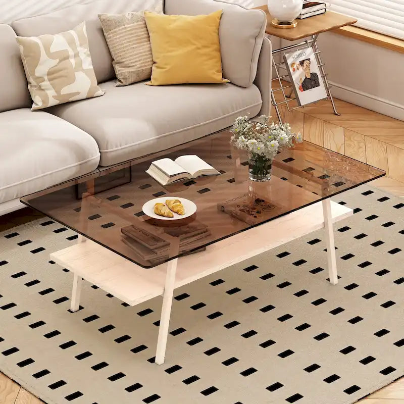 Rechteckiger Couchtisch, Tischplatte aus gehärtetem Glas mit Metallbeinen, moderner Tisch für das Wohnzimmer, Glas