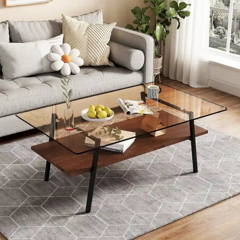 Rechteckiger Couchtisch, Tischplatte aus gehärtetem Glas mit Metallbeinen, moderner Tisch für das Wohnzimmer, Glas