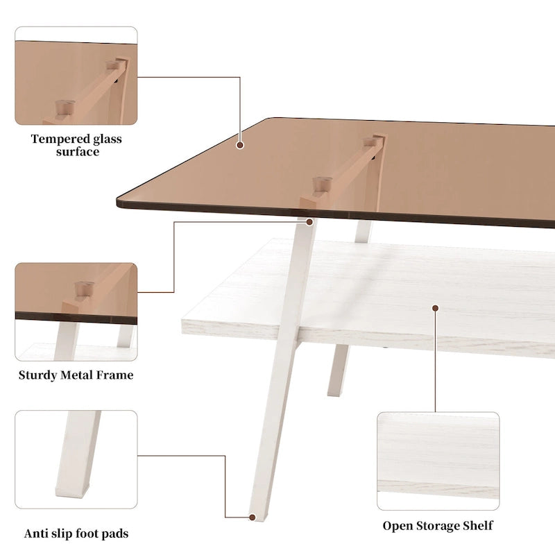 Rectangle Coffee Table,Tempered Glass Tabletop with Metal Legs,Modern Table for Living Room,Glass