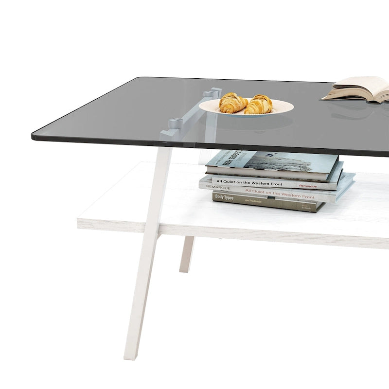 Rectangle Coffee Table,Tempered Glass Tabletop with Metal Legs,Modern Table for Living Room,Glass