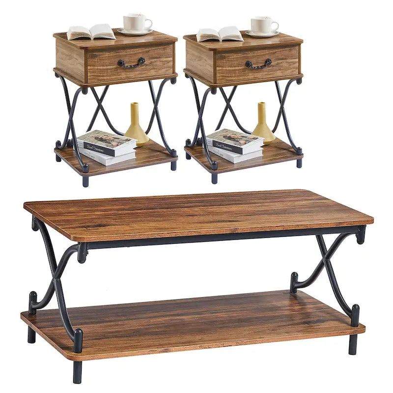 Modern 3-piece Coffee Table, Sofa Table & 1-drawer Nightstand Set of 2 (Brown/Black/White)