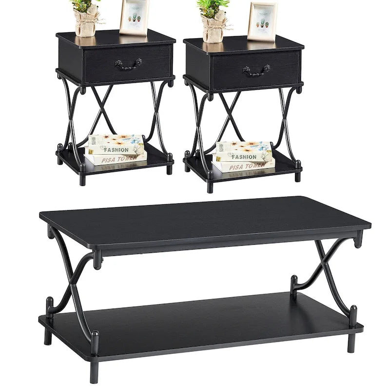 Modern 3-piece Coffee Table, Sofa Table & 1-drawer Nightstand Set of 2 (Brown/Black/White)