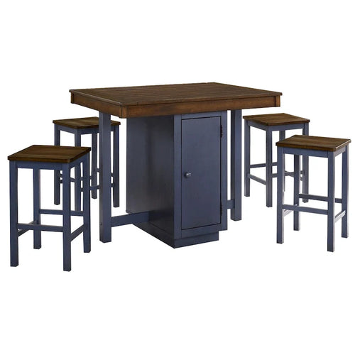 5-Piece Counter Height Dining Table Set, 4 Stools, Antique Oak, Blue Wood