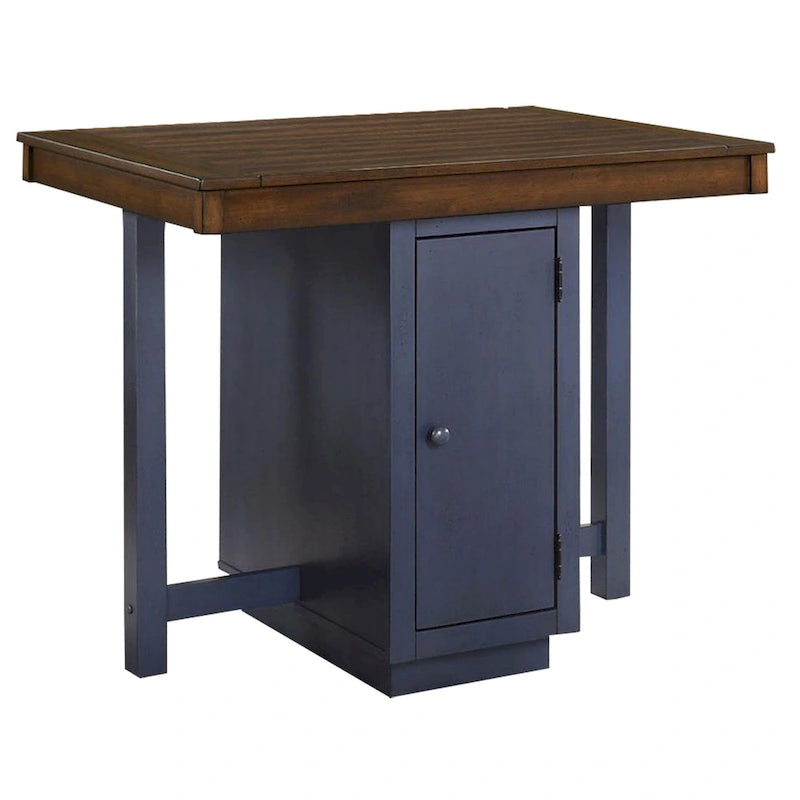 5 Piece Counter Height Dining Table Set, 4 Stools, Antique Oak, Blue Wood