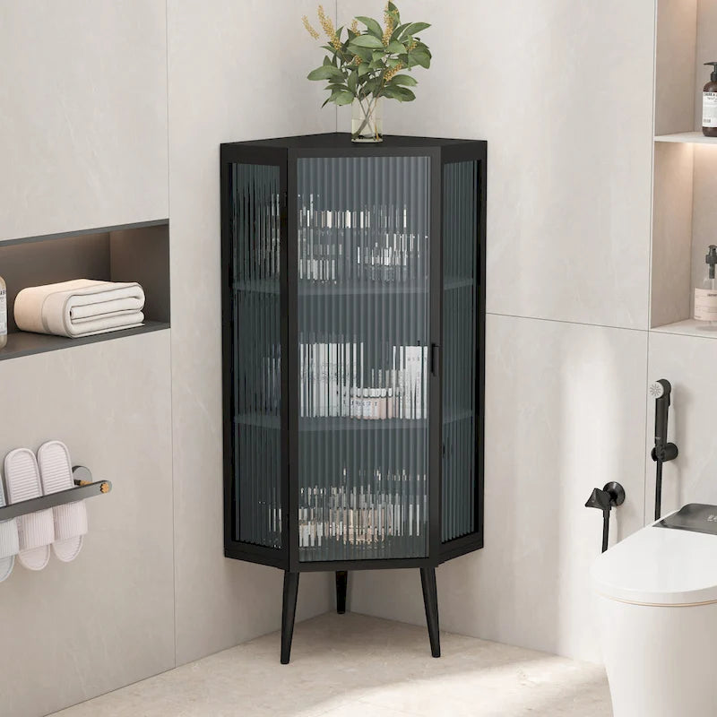 Floor Coner Cabinet, 3 Tiers with Tempered Glass Doors and Storage Shelves