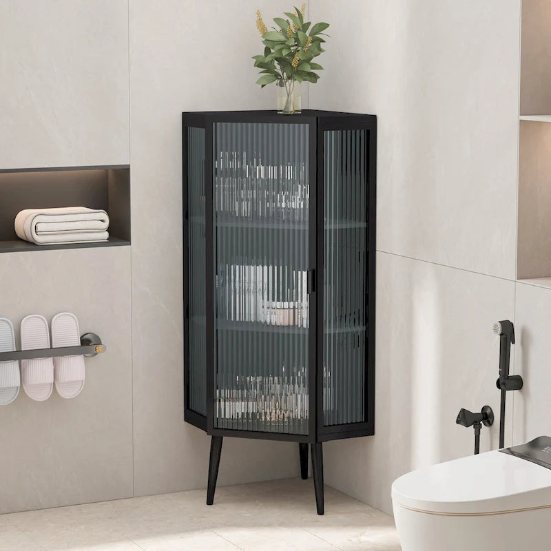 Floor Coner Cabinet, 3 Tiers with Tempered Glass Doors and Storage Shelves