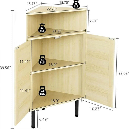 4-Tier Corner Cabinet with Doors, Shelves, Rattan, Freestanding Bar Storage Cabinet - 22.25"D x 15.75"W x 39.56"H