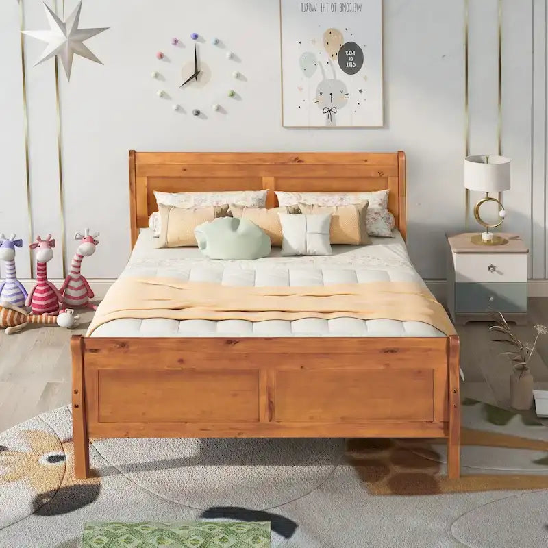 Wood Platform Bed with Headboard and Wooden Slat Support