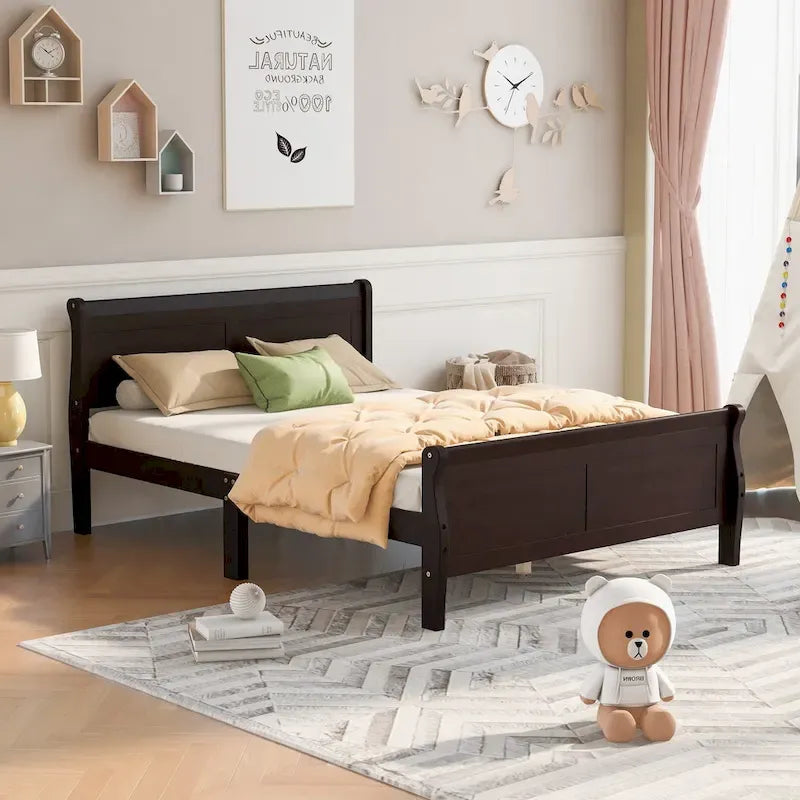 Wood Platform Bed with Headboard and Wooden Slat Support