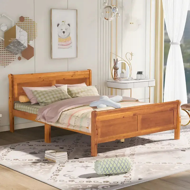 Wood Platform Bed with Headboard and Wooden Slat Support