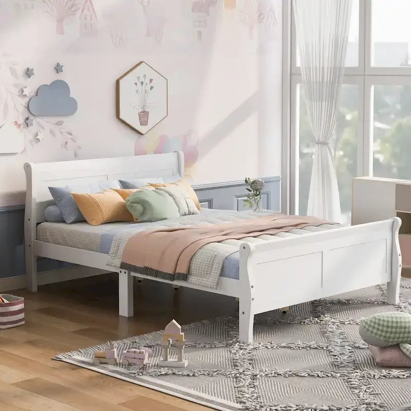 Wood Platform Bed with Headboard and Wooden Slat Support