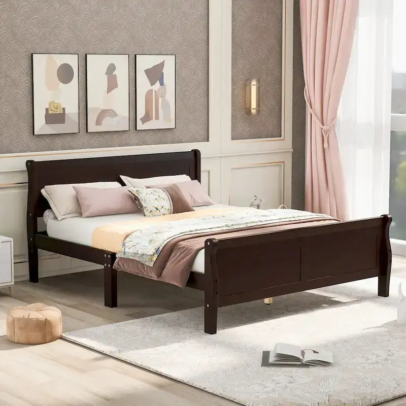 Wood Platform Bed with Headboard and Wooden Slat Support