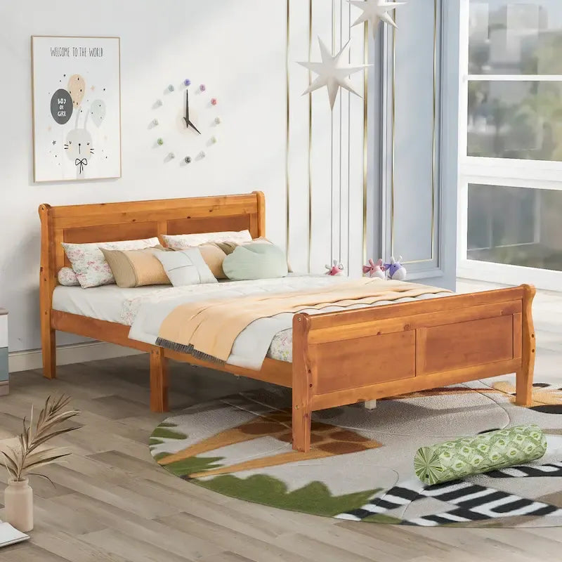 Wood Platform Bed with Headboard and Wooden Slat Support