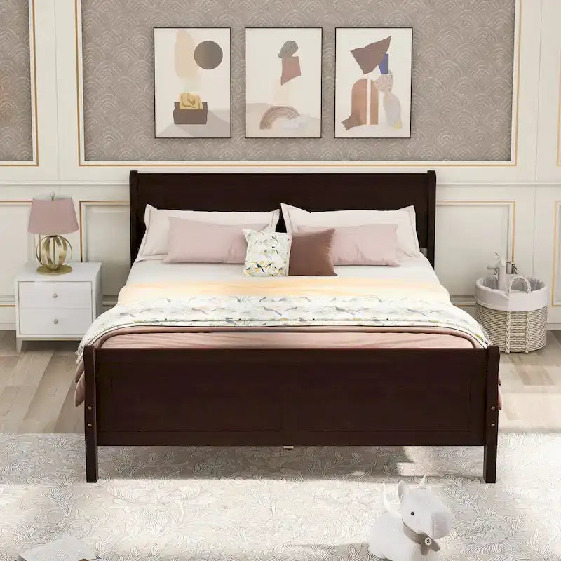 Wood Platform Bed with Headboard and Wooden Slat Support