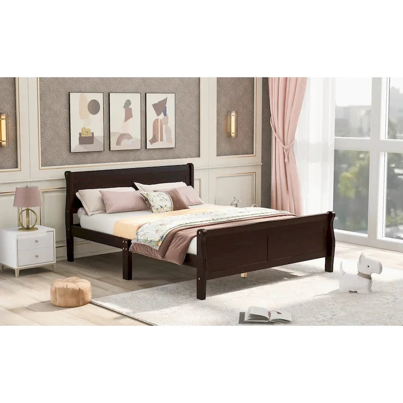 Wood Platform Bed with Headboard and Wooden Slat Support