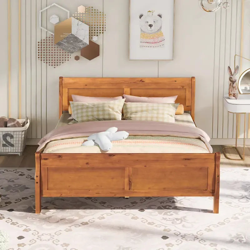 Wood Platform Bed with Headboard and Wooden Slat Support