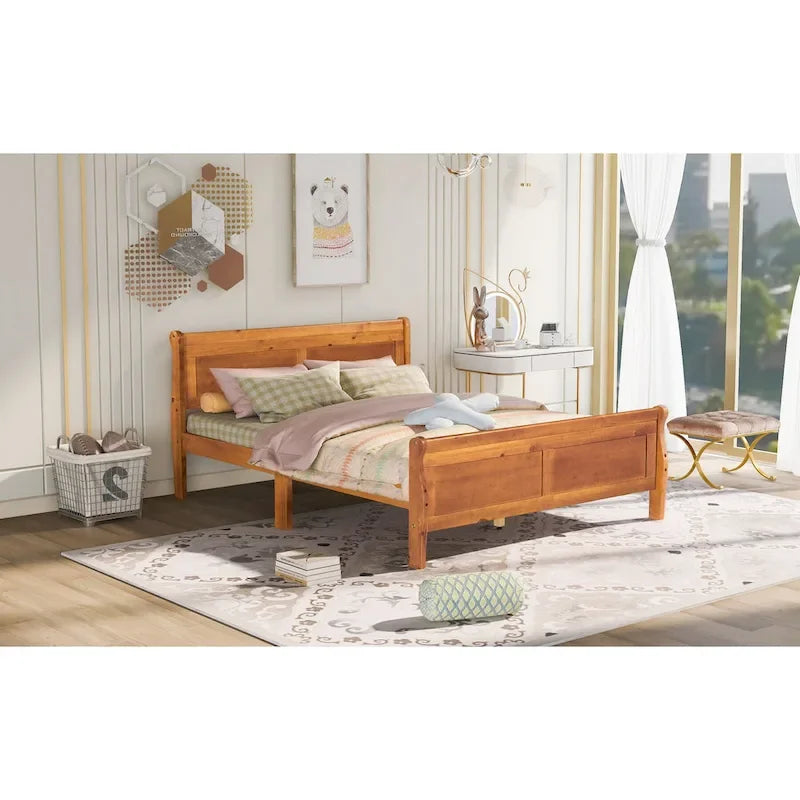 Wood Platform Bed with Headboard and Wooden Slat Support