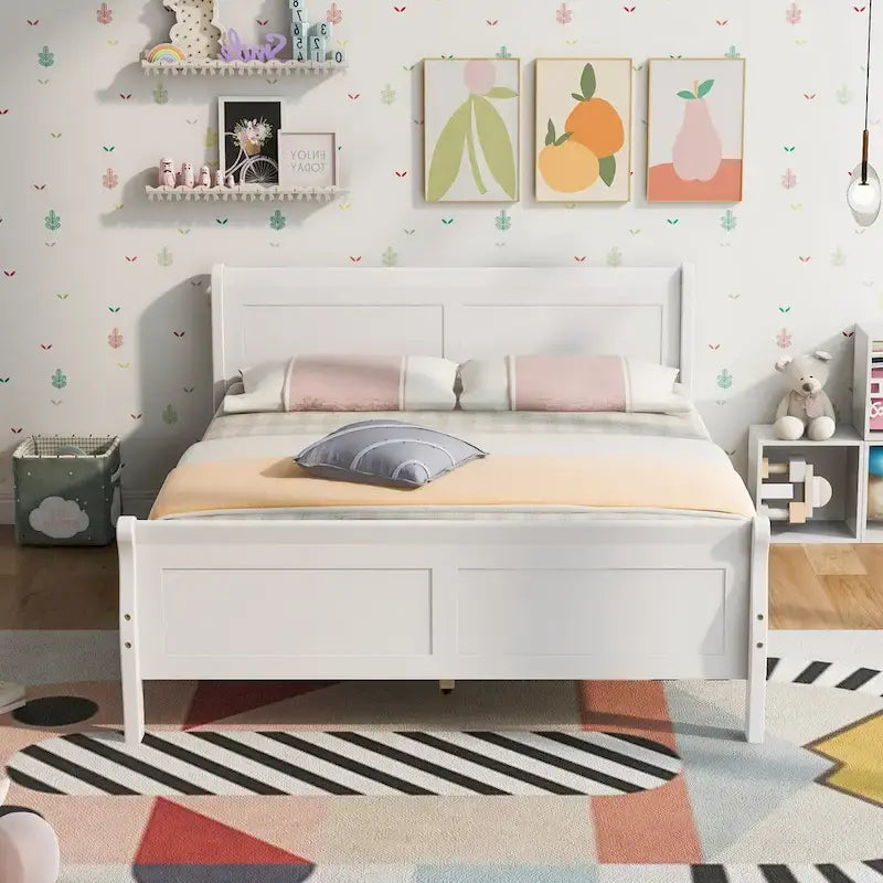Wood Platform Bed with Headboard and Wooden Slat Support
