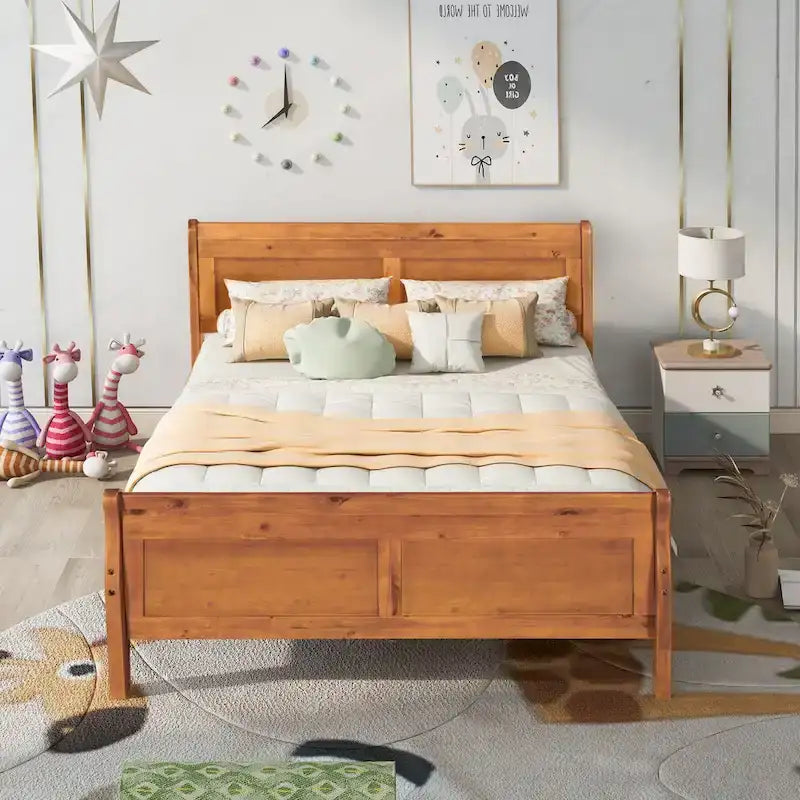 Wood Platform Bed with Headboard and Wooden Slat Support