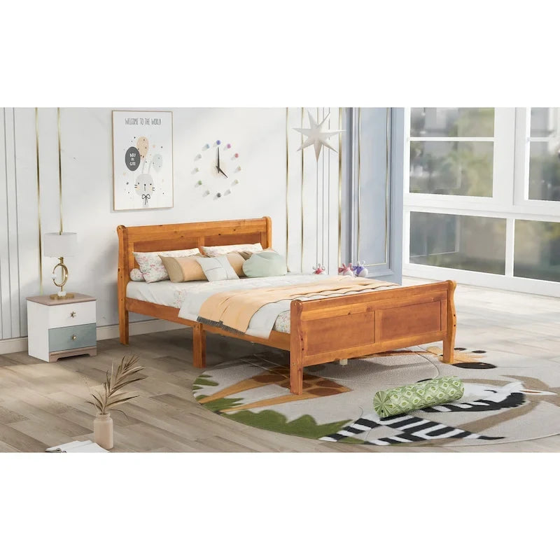 Wood Platform Bed with Headboard and Wooden Slat Support