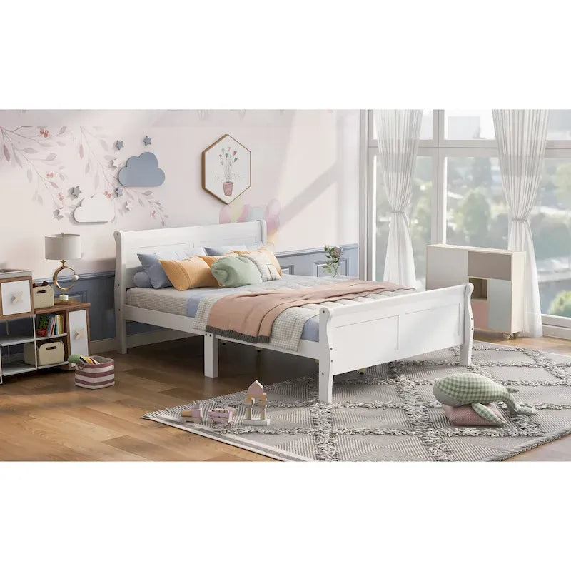 Wood Platform Bed with Headboard and Wooden Slat Support