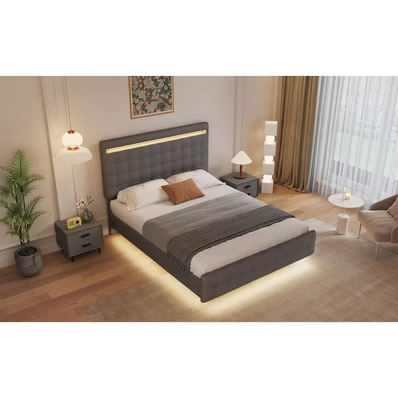Floating Bed Frame Queen Size with LED Lights, Upholstered Headboard and Footboard Platform Bed, Wood Slats Easy Assembly