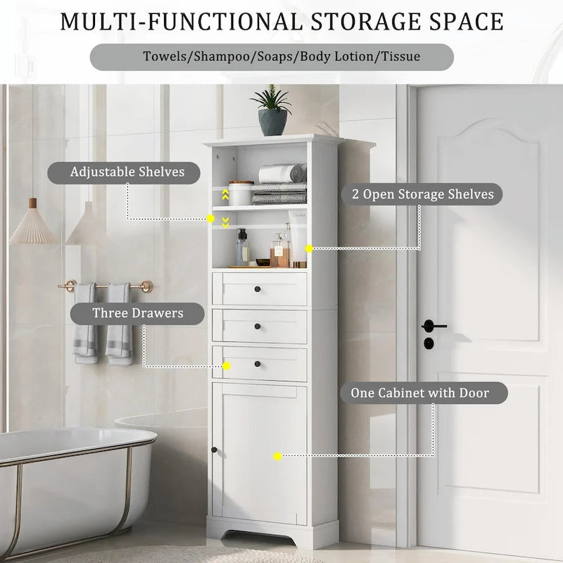 Tall Storage Cabinet with 3 Drawers and Adjustable Shelves for Bathroom