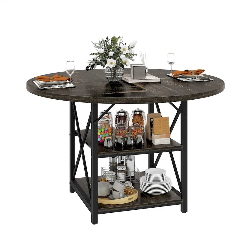Moasis Round Dining Table with Storage Shelves Metal Legs for 4-6 People for Dining Living Room