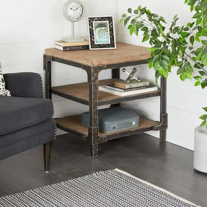 Wood 2 Shelves Side End Accent Table - Brown - Roche River Decor
